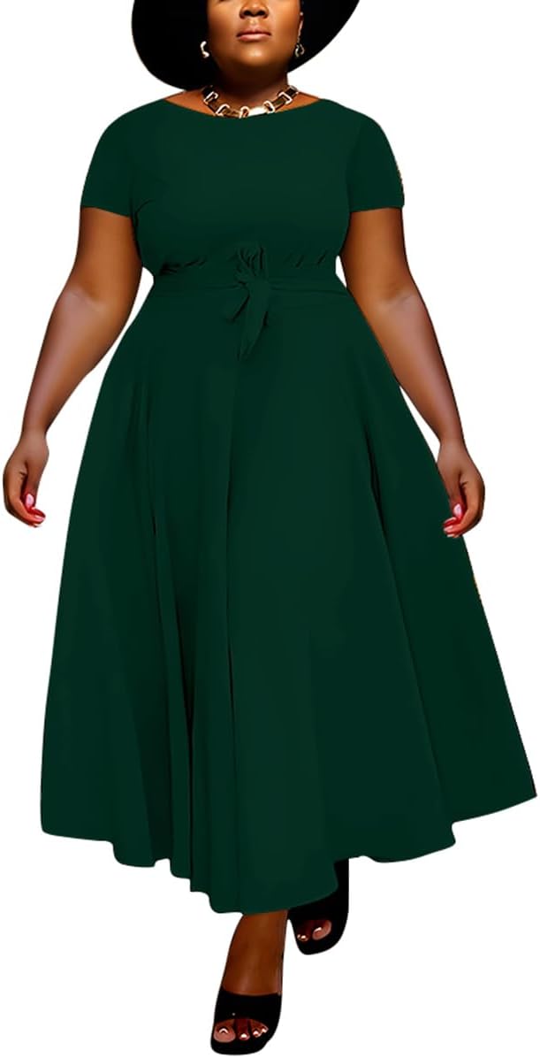 BFFBABY Plus Size Dress A Line Dresses for Women Summer Long Dresses with Sleeve Casual Belted