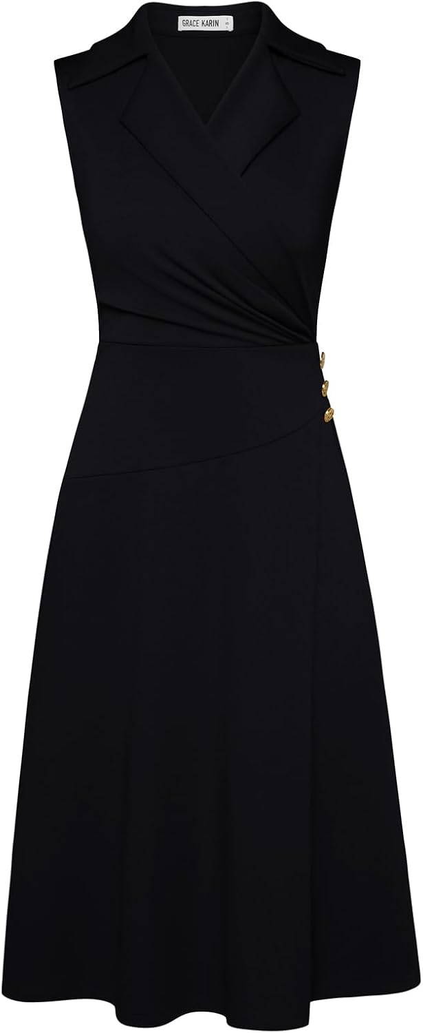 GRACE KARIN 2026 Work Midi Dresses for Women,Wrap Business Casual Funeral Outfit for Women,Wedding Guest Dresses
