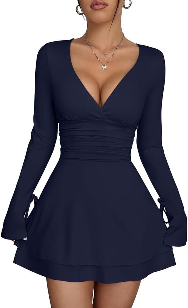 XXTAXN Womens Sexy Wrap V Neck Long Sleeve Flowy Hem Club Mini Dress | Ruched Waist Corest A Line Homecoming Cocktail Party Daily