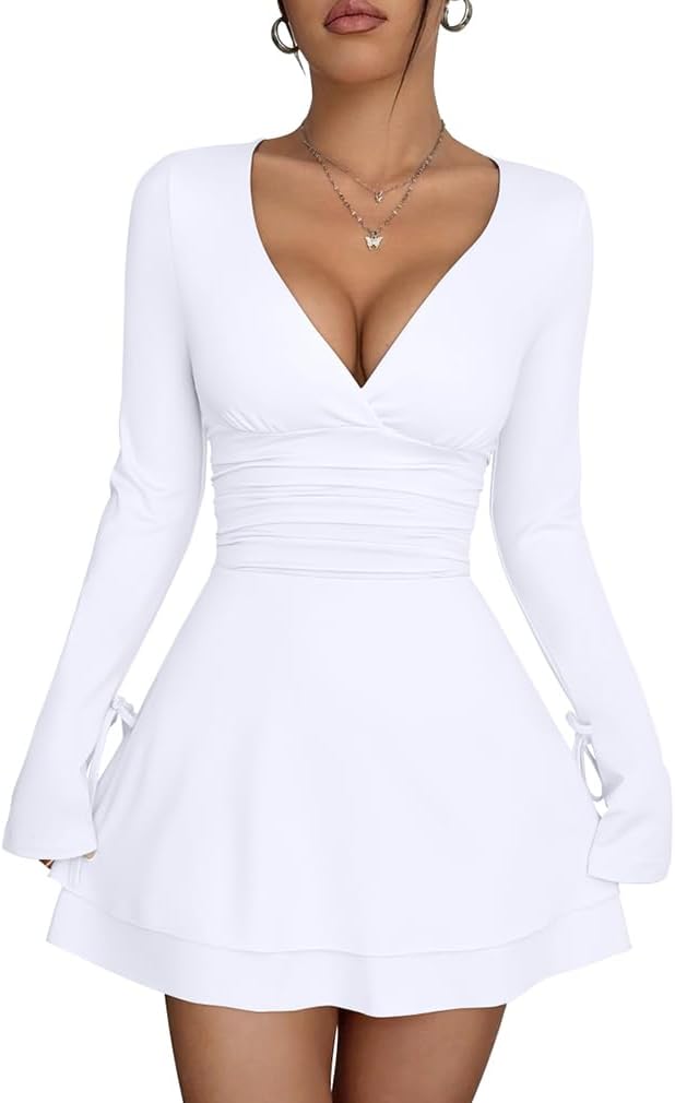 XXTAXN Womens Sexy Wrap V Neck Long Sleeve Flowy Hem Club Mini Dress | Ruched Waist Corest A Line Homecoming Cocktail Party Daily