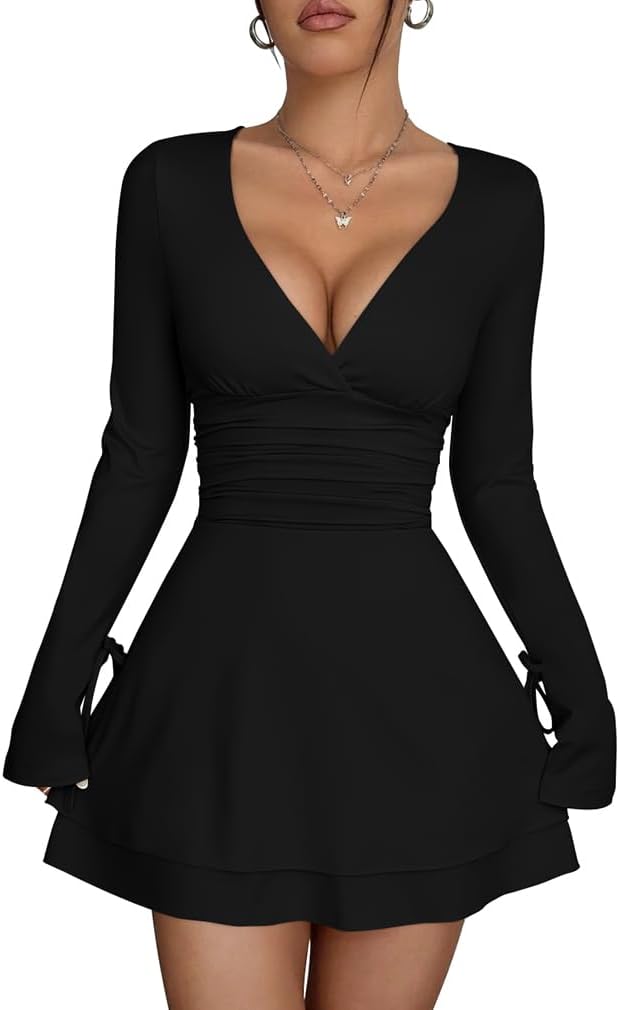 XXTAXN Womens Sexy Wrap V Neck Long Sleeve Flowy Hem Club Mini Dress | Ruched Waist Corest A Line Homecoming Cocktail Party Daily