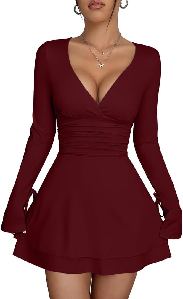 XXTAXN Womens Sexy Wrap V Neck Long Sleeve Flowy Hem Club Mini Dress | Ruched Waist Corest A Line Homecoming Cocktail Party Daily