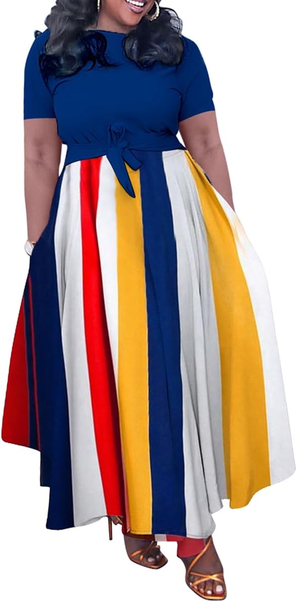 BFFBABY Plus Size Dress A Line Dresses for Women Summer Long Dresses with Sleeve Casual Belted