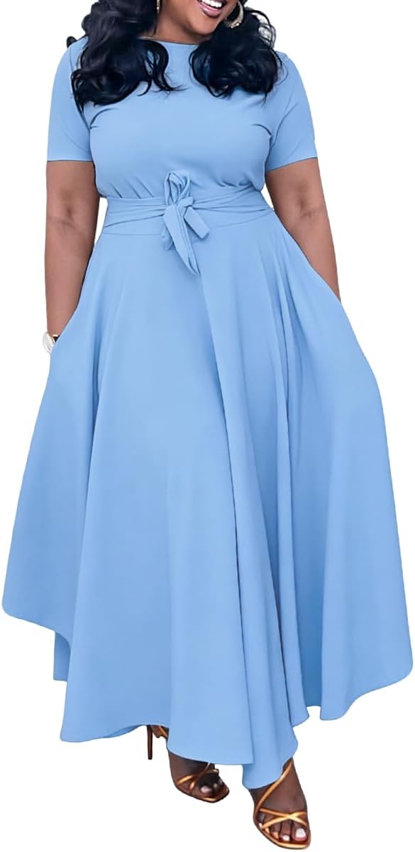 BFFBABY Plus Size Dress A Line Dresses for Women Summer Long Dresses with Sleeve Casual Belted
