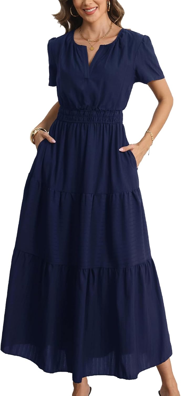 Rainday Maxi Dresses for Women Short Sleeves Casual Dress with Pockets | fabric soft,flattering comfort,with a built in slip,dress up or down,easy to wear,waist fits nicely,practical 2 sides pockets