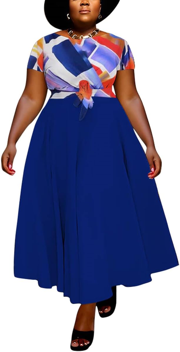 BFFBABY Plus Size Dress A Line Dresses for Women Summer Long Dresses with Sleeve Casual Belted