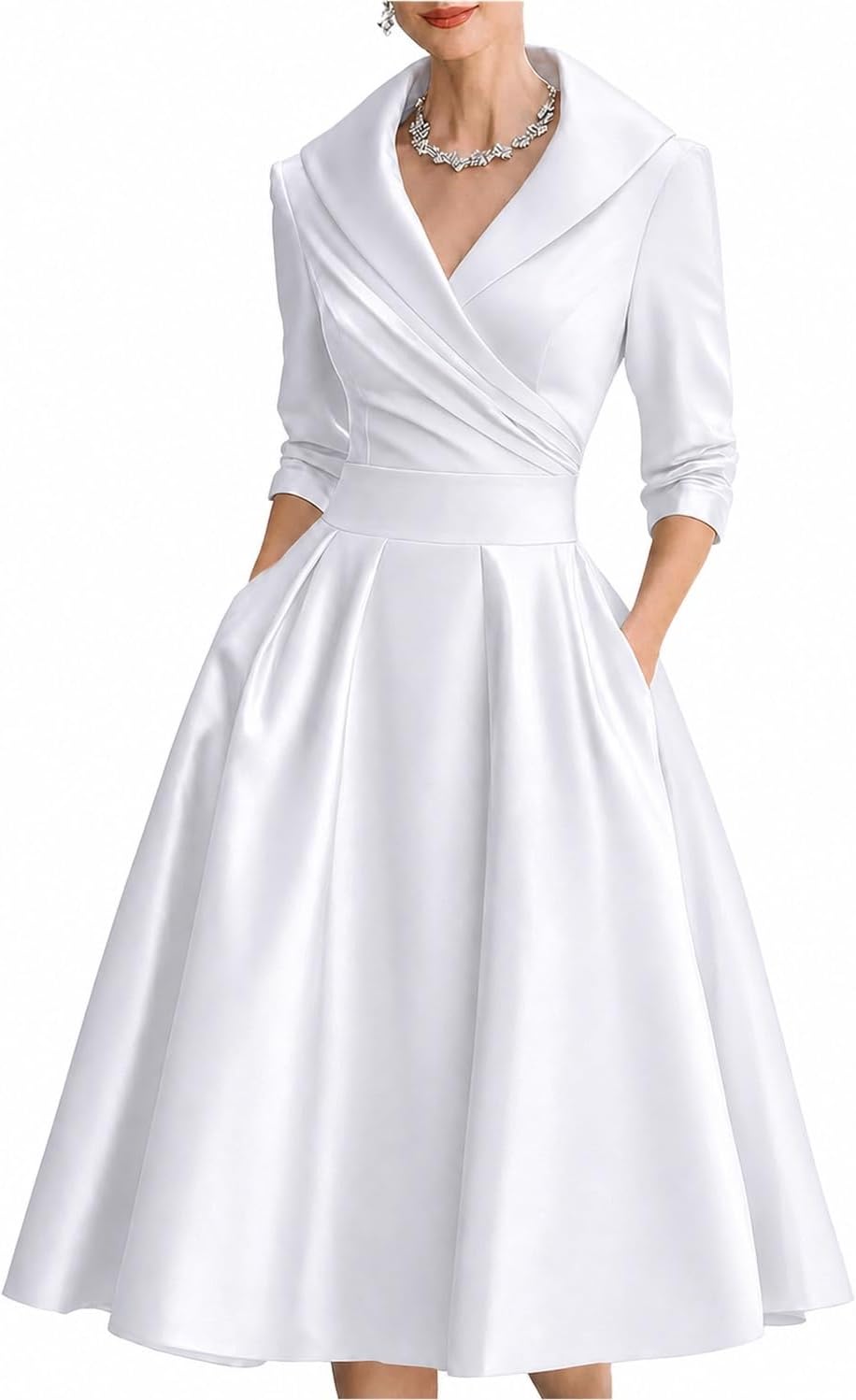 SHINFY Women's Satin Formal Wrap Long Sleeve A Line Midi Church Dress | Casual Elegant Semi-Formal V-Neck Silky Dresses with Pocket for Work Church Weddings and Dinners Polished