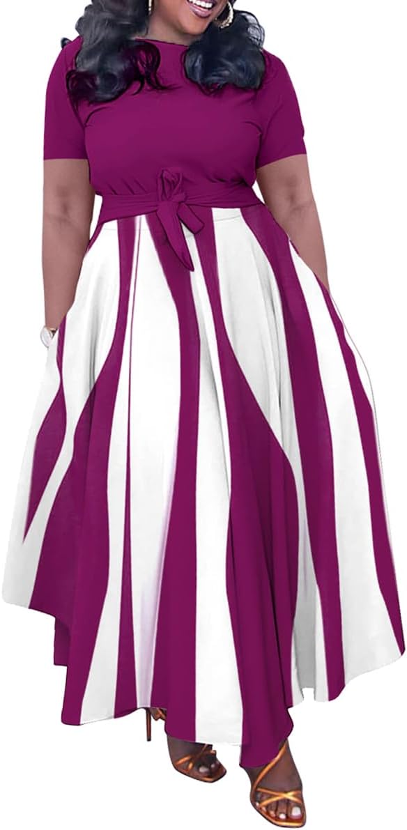 BFFBABY Plus Size Dress A Line Dresses for Women Summer Long Dresses with Sleeve Casual Belted