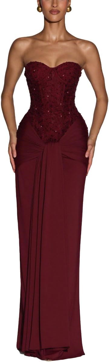 ABINGOO Women Strapless Wedding Guest Maxi Dress Bodycon Corset Tie Front Mermaid Tube Cocktail Long Formal Dresses