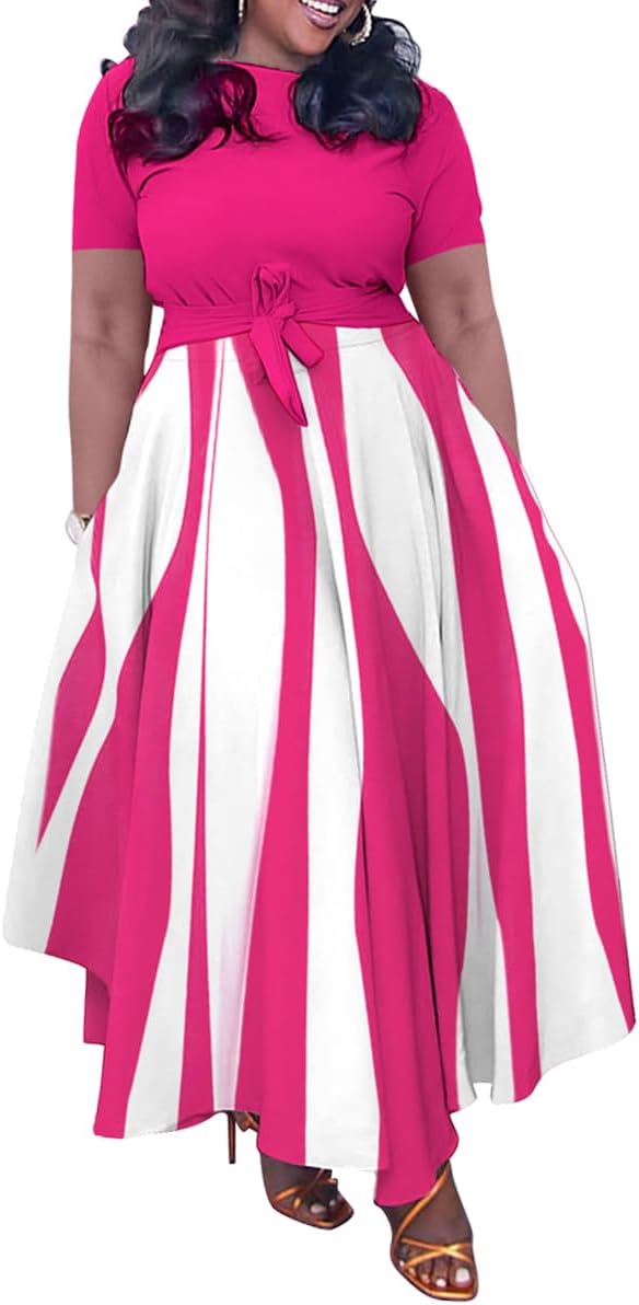 BFFBABY Plus Size Dress A Line Dresses for Women Summer Long Dresses with Sleeve Casual Belted