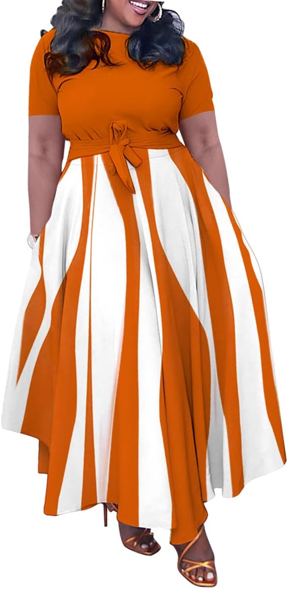 BFFBABY Plus Size Dress A Line Dresses for Women Summer Long Dresses with Sleeve Casual Belted