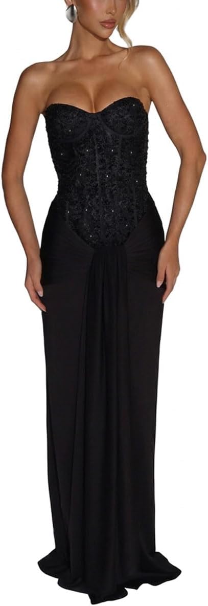 ABINGOO Women Strapless Wedding Guest Maxi Dress Bodycon Corset Tie Front Mermaid Tube Cocktail Long Formal Dresses