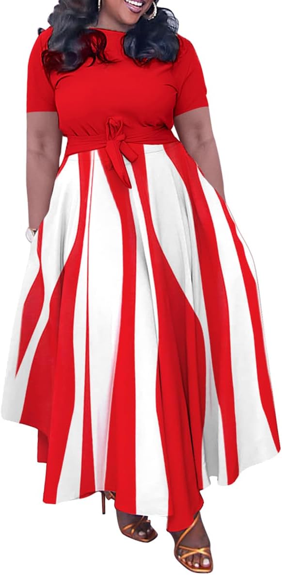 BFFBABY Plus Size Dress A Line Dresses for Women Summer Long Dresses with Sleeve Casual Belted