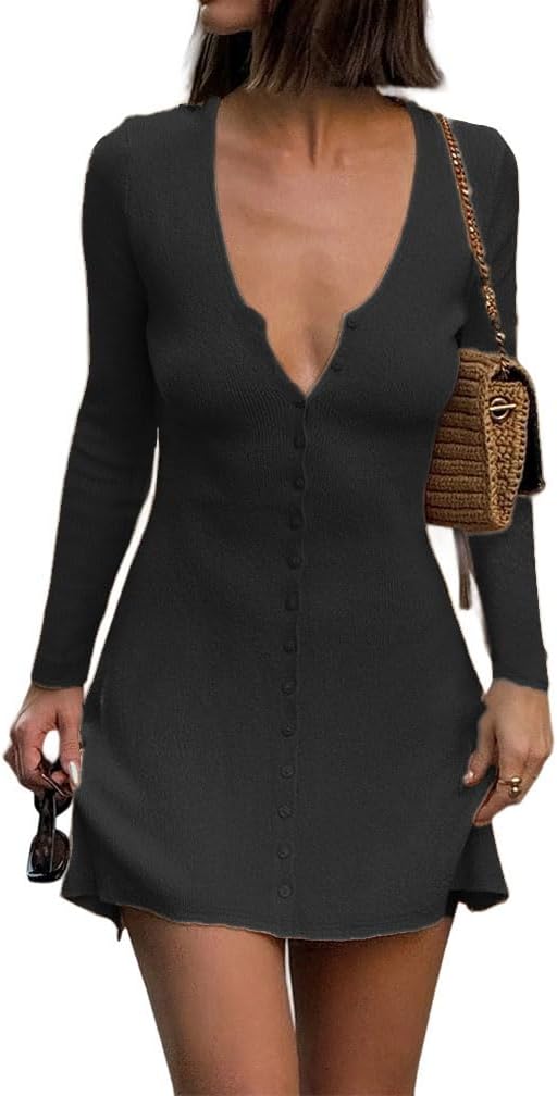 GCZREN Women Sexy Deep V Neck Button Front Knit Mini Dress Elegant Long Sleeve Ribbed Flowy Hem A-Line Short Dresses