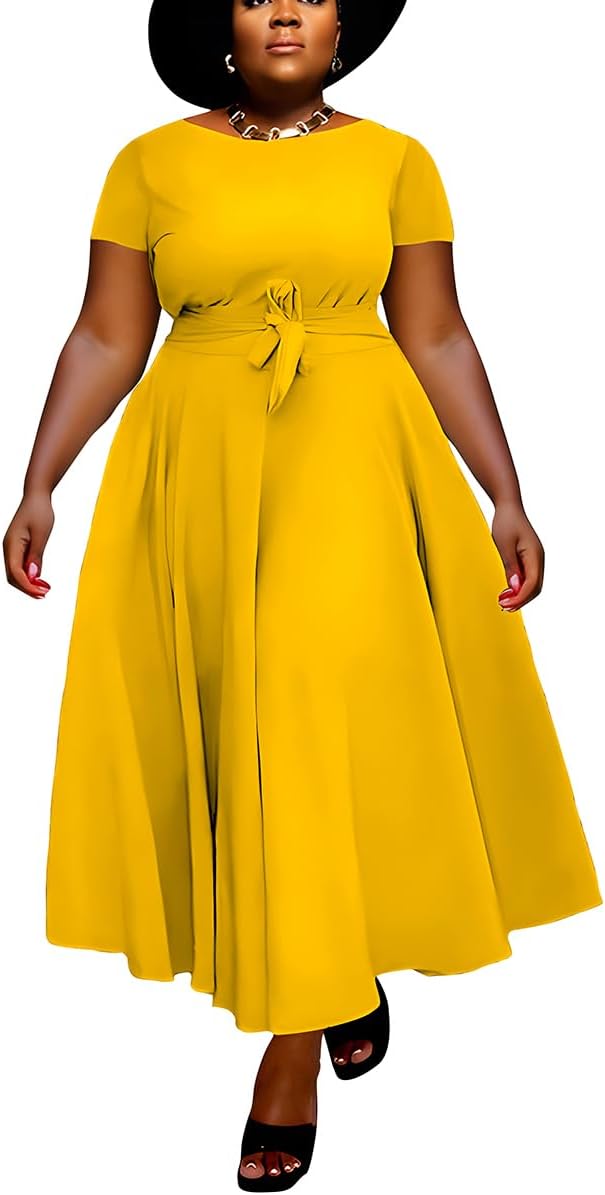 BFFBABY Plus Size Dress A Line Dresses for Women Summer Long Dresses with Sleeve Casual Belted