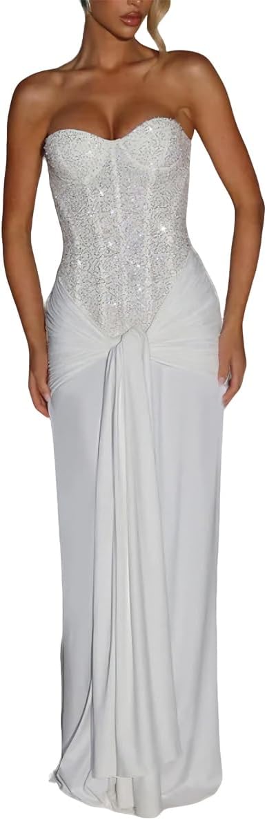 ABINGOO Women Strapless Wedding Guest Maxi Dress Bodycon Corset Tie Front Mermaid Tube Cocktail Long Formal Dresses