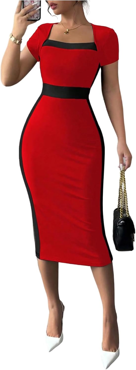SOLY HUX Women's Black White Pencil Bodycon Midi Dress | Pencil Midi Dress Short Sleeve Bodycon Elegant Business Dresses Cocktail Dresses