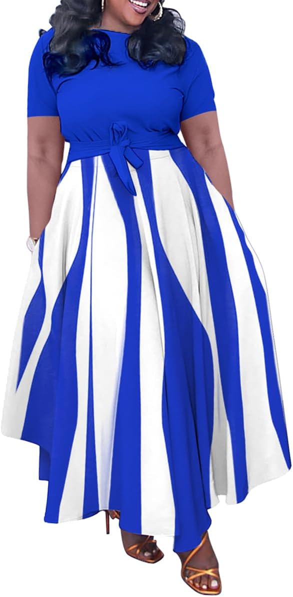 BFFBABY Plus Size Dress A Line Dresses for Women Summer Long Dresses with Sleeve Casual Belted