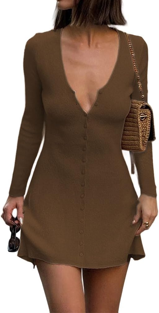 GCZREN Women Sexy Deep V Neck Button Front Knit Mini Dress Elegant Long Sleeve Ribbed Flowy Hem A-Line Short Dresses