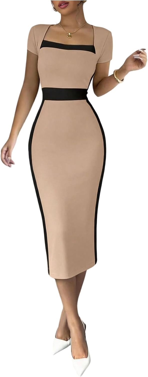 SOLY HUX Women's Black White Pencil Bodycon Midi Dress | Pencil Midi Dress Short Sleeve Bodycon Elegant Business Dresses Cocktail Dresses