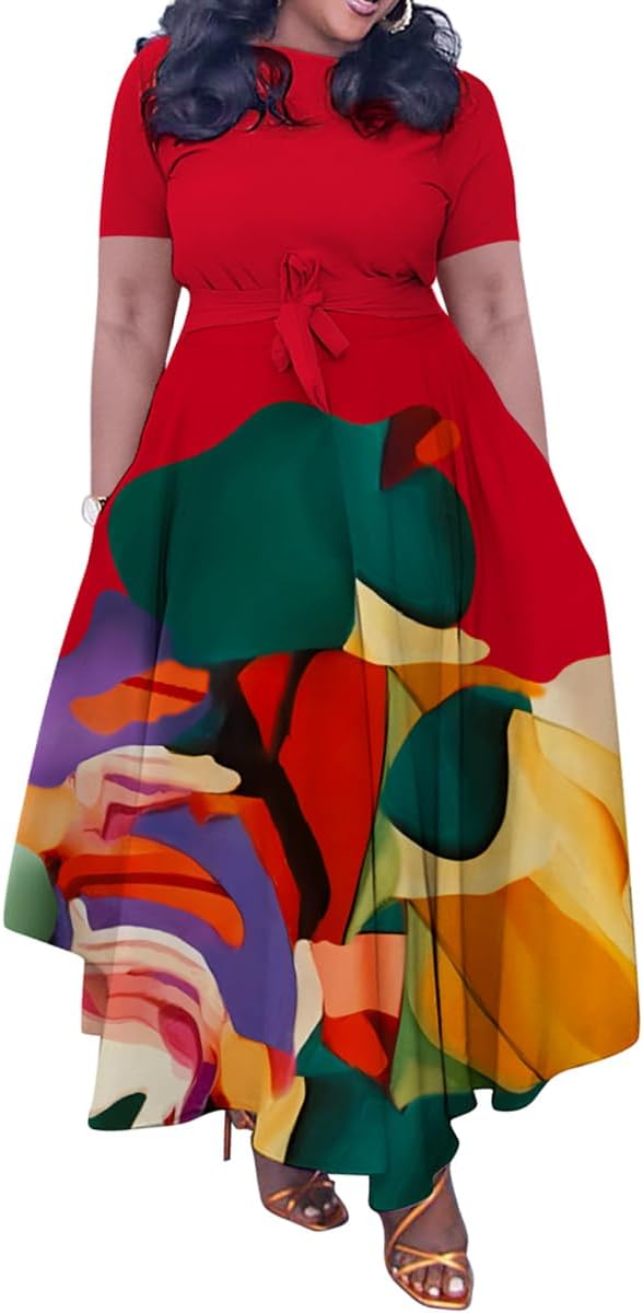 BFFBABY Plus Size Dress A Line Dresses for Women Summer Long Dresses with Sleeve Casual Belted