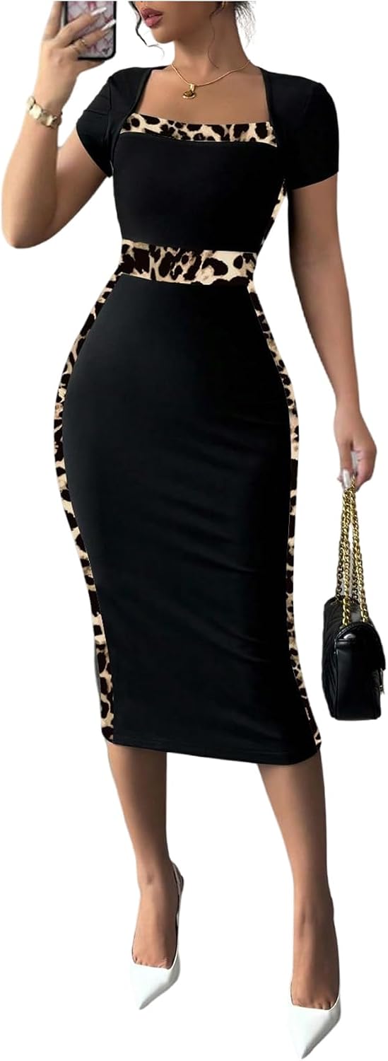 SOLY HUX Women's Black White Pencil Bodycon Midi Dress | Pencil Midi Dress Short Sleeve Bodycon Elegant Business Dresses Cocktail Dresses