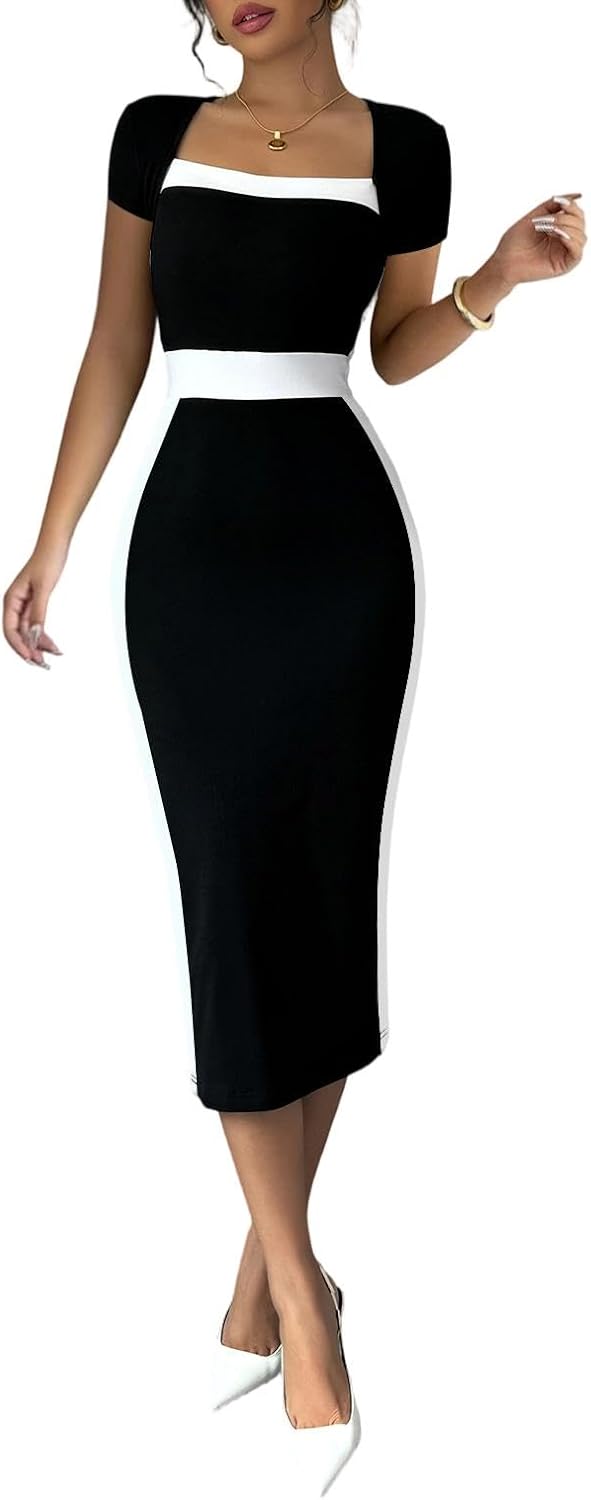 SOLY HUX Women's Black White Pencil Bodycon Midi Dress | Pencil Midi Dress Short Sleeve Bodycon Elegant Business Dresses Cocktail Dresses