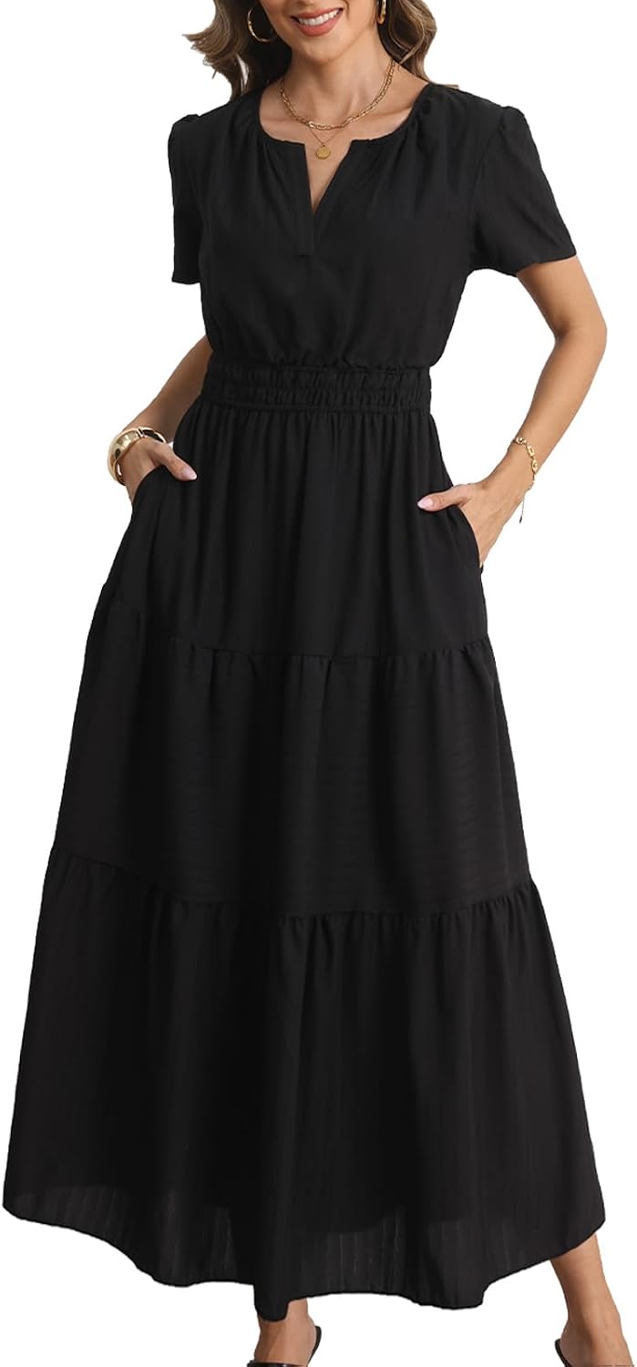 Rainday Maxi Dresses for Women Short Sleeves Casual Dress with Pockets | fabric soft,flattering comfort,with a built in slip,dress up or down,easy to wear,waist fits nicely,practical 2 sides pockets
