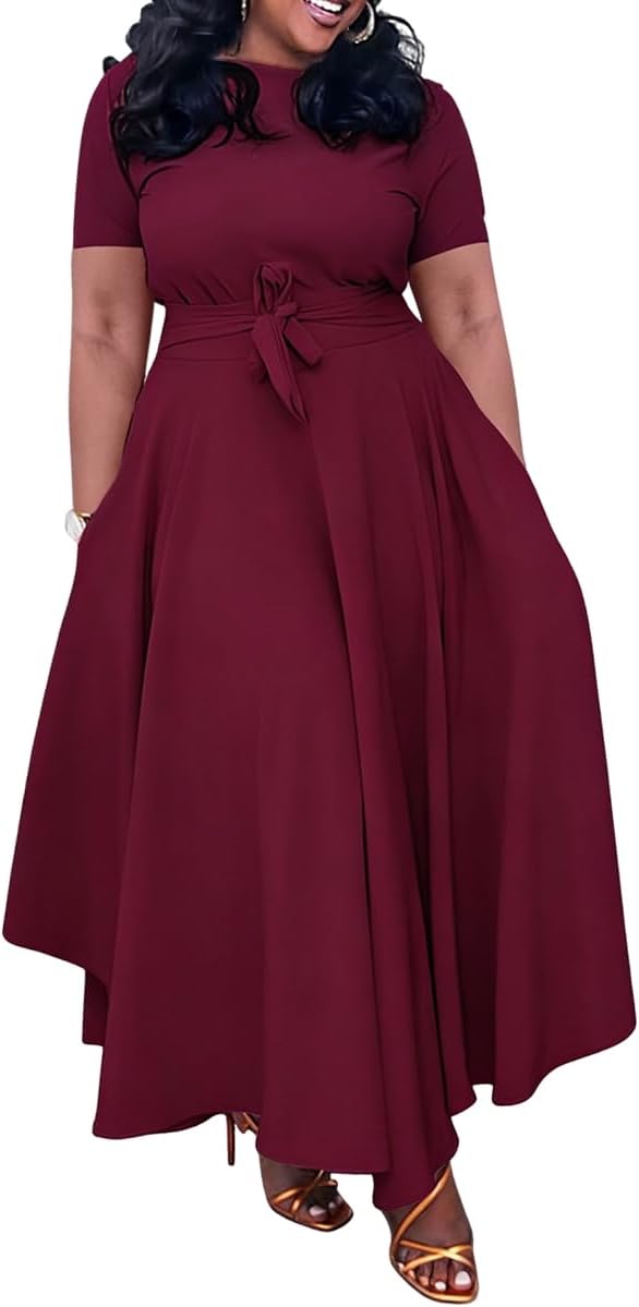 BFFBABY Plus Size Dress A Line Dresses for Women Summer Long Dresses with Sleeve Casual Belted