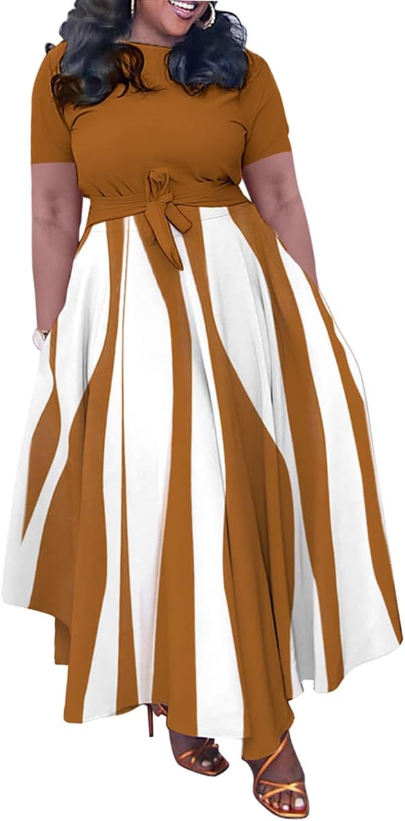 BFFBABY Plus Size Dress A Line Dresses for Women Summer Long Dresses with Sleeve Casual Belted