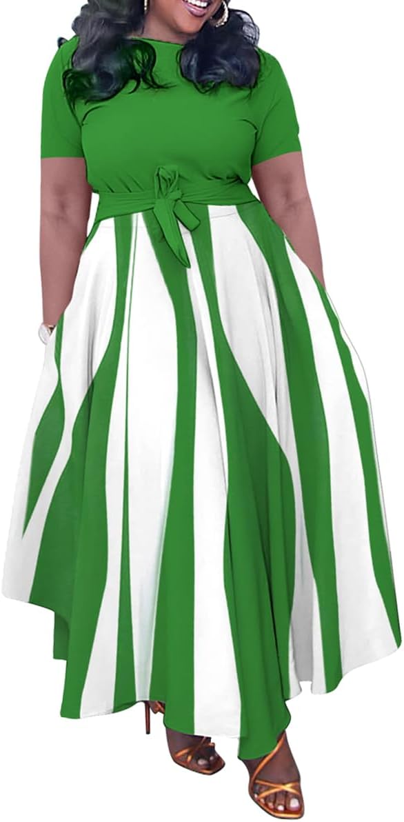 BFFBABY Plus Size Dress A Line Dresses for Women Summer Long Dresses with Sleeve Casual Belted