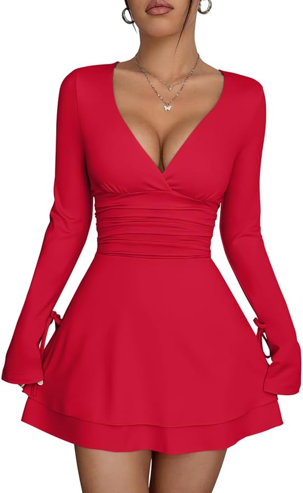 XXTAXN Womens Sexy Wrap V Neck Long Sleeve Flowy Hem Club Mini Dress | Ruched Waist Corest A Line Homecoming Cocktail Party Daily