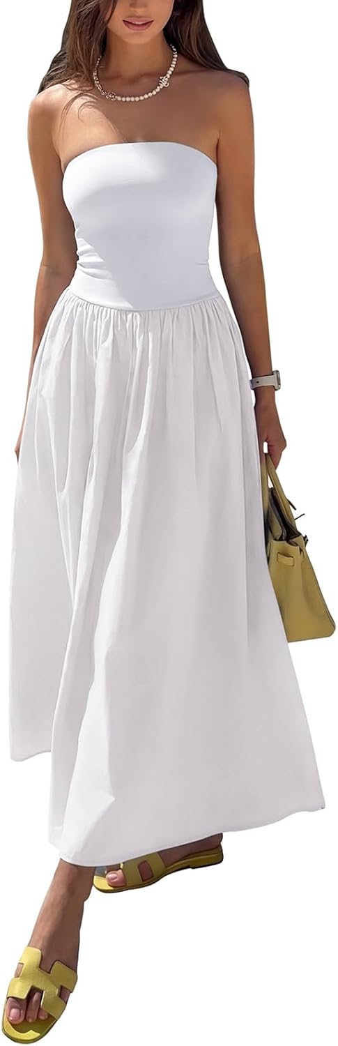 REORIA Women's Summer Tube Top Maxi Dress Sexy A Line Flowy Wedding Guest Long Dresses with Pockets