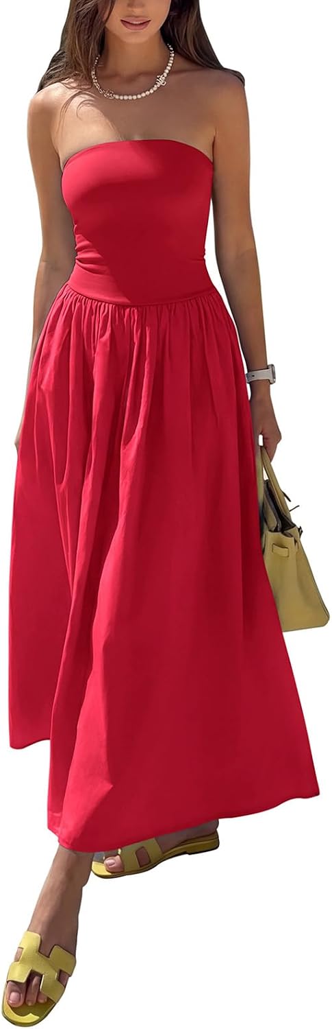 REORIA Women's Summer Tube Top Maxi Dress Sexy A Line Flowy Wedding Guest Long Dresses with Pockets