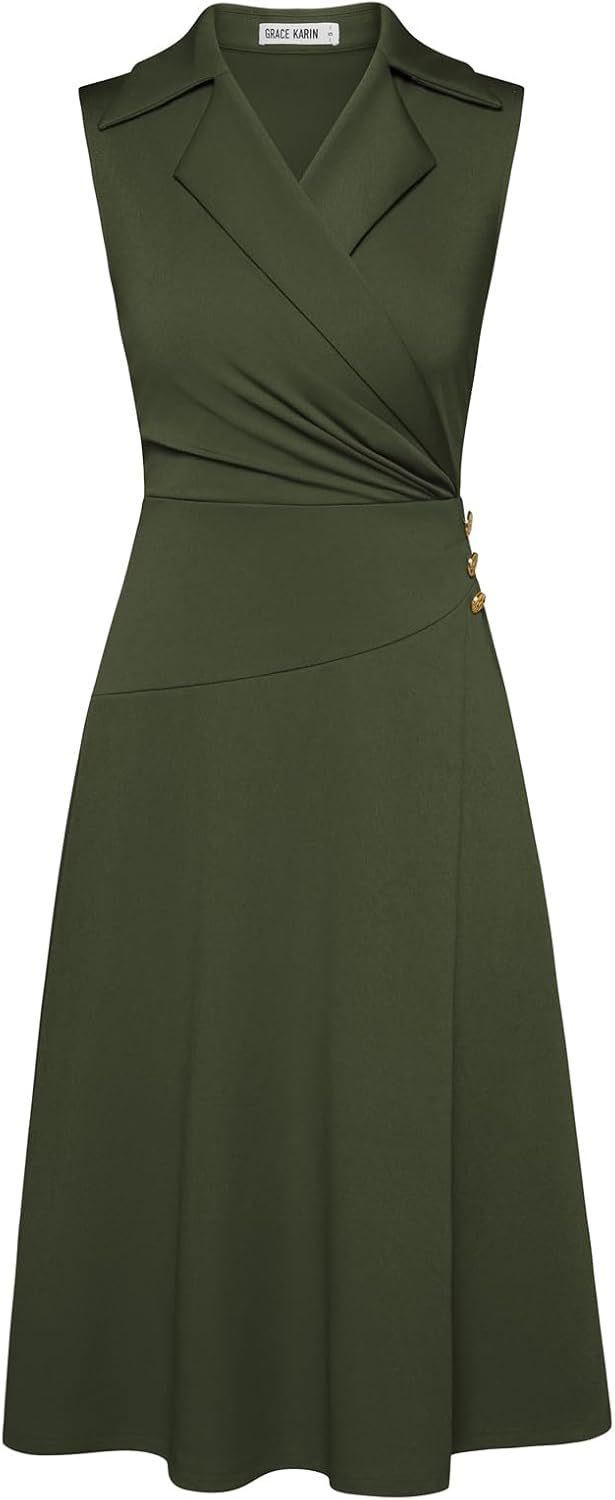 GRACE KARIN 2026 Work Midi Dresses for Women,Wrap Business Casual Funeral Outfit for Women,Wedding Guest Dresses