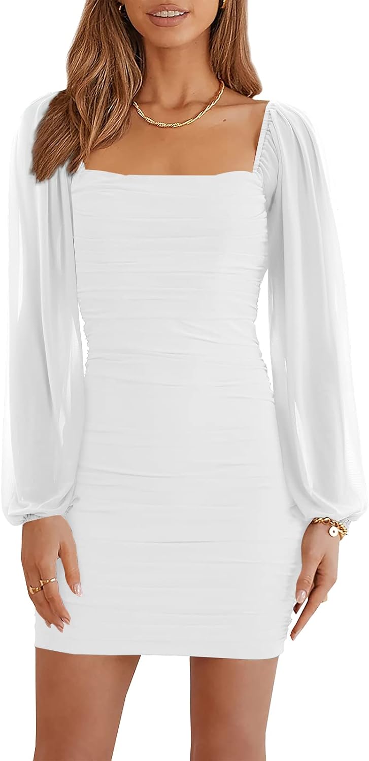 Wenrine Women Mesh Long Sleeve Square Neck Ruched Bodycon Mini Dress | Lantern Sleeve,Stretchy,Elegant,Club Party,Cocktail,Going Out,Semi Formal,Prom,Homecoming,Wedding Guest,Graduation,Teen Dress