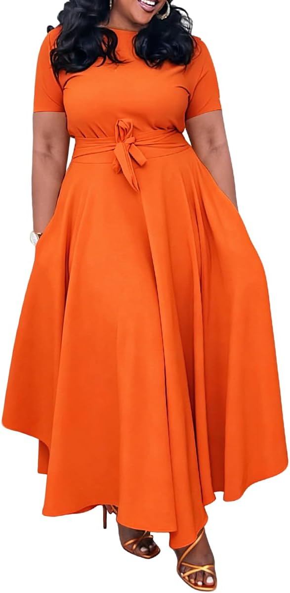 BFFBABY Plus Size Dress A Line Dresses for Women Summer Long Dresses with Sleeve Casual Belted