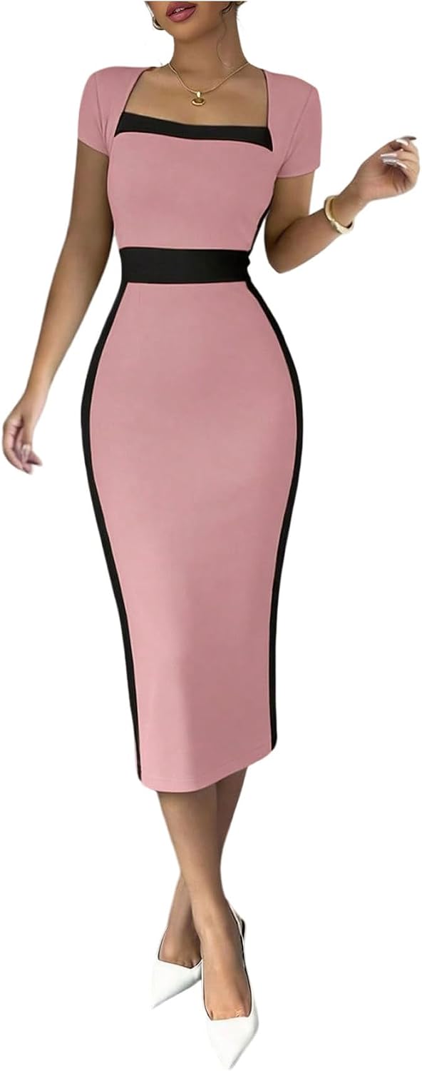 SOLY HUX Women's Black White Pencil Bodycon Midi Dress | Pencil Midi Dress Short Sleeve Bodycon Elegant Business Dresses Cocktail Dresses
