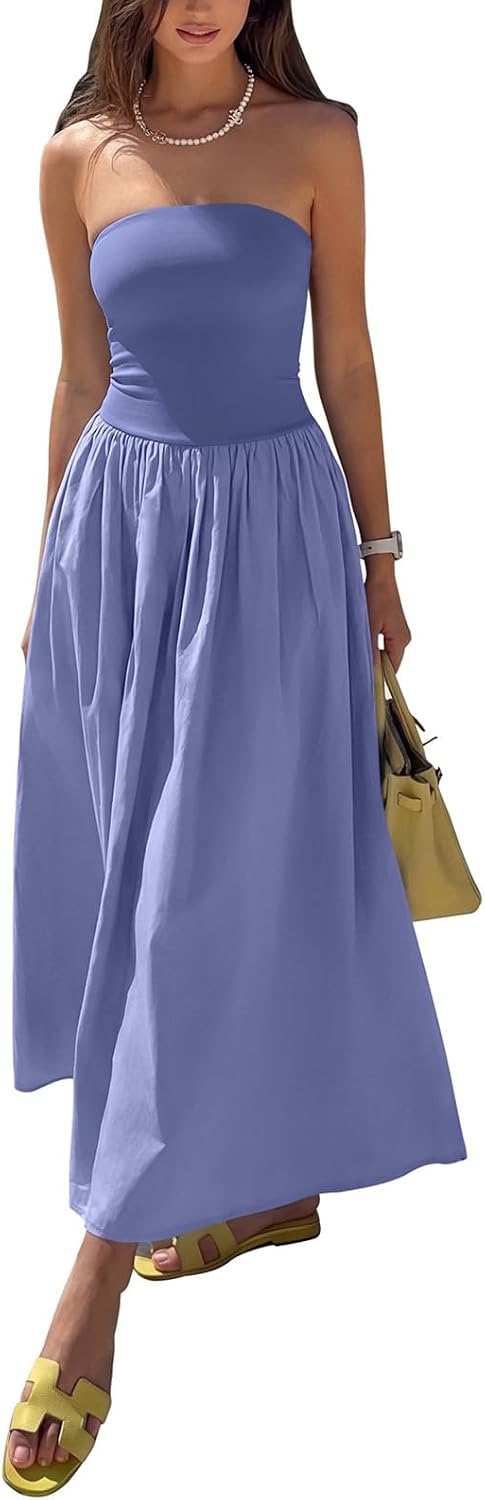 REORIA Women's Summer Tube Top Maxi Dress Sexy A Line Flowy Wedding Guest Long Dresses with Pockets