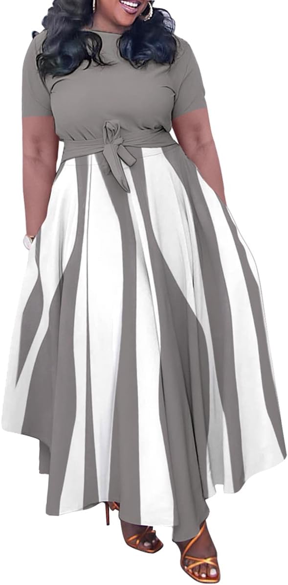 BFFBABY Plus Size Dress A Line Dresses for Women Summer Long Dresses with Sleeve Casual Belted