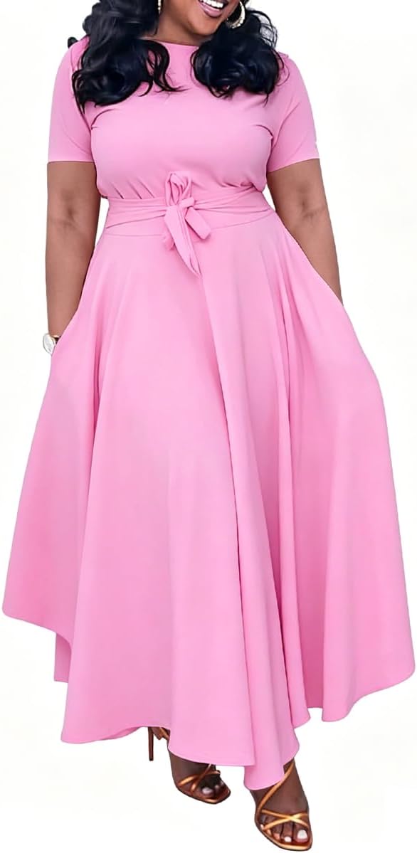 BFFBABY Plus Size Dress A Line Dresses for Women Summer Long Dresses with Sleeve Casual Belted