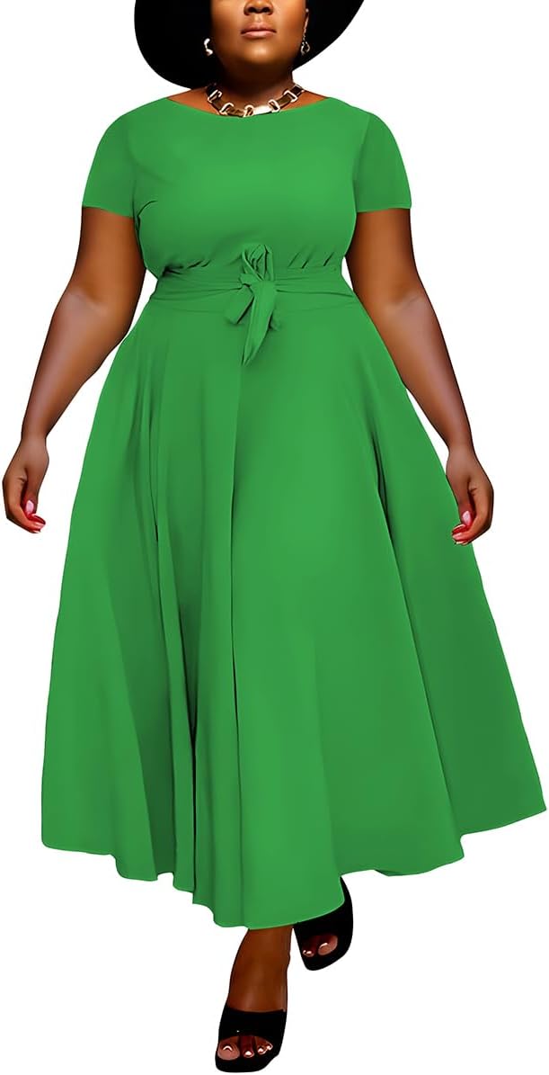 BFFBABY Plus Size Dress A Line Dresses for Women Summer Long Dresses with Sleeve Casual Belted