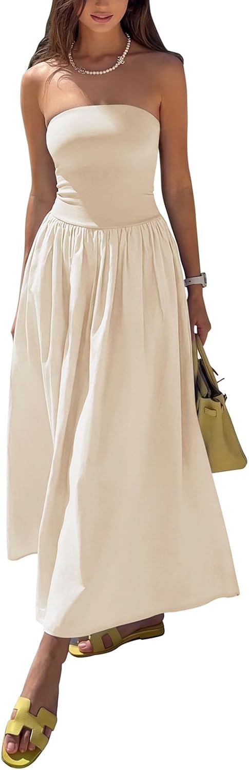 REORIA Women's Summer Tube Top Maxi Dress Sexy A Line Flowy Wedding Guest Long Dresses with Pockets