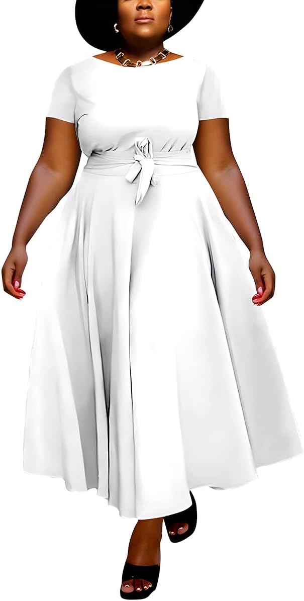 BFFBABY Plus Size Dress A Line Dresses for Women Summer Long Dresses with Sleeve Casual Belted