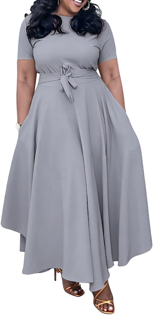 BFFBABY Plus Size Dress A Line Dresses for Women Summer Long Dresses with Sleeve Casual Belted