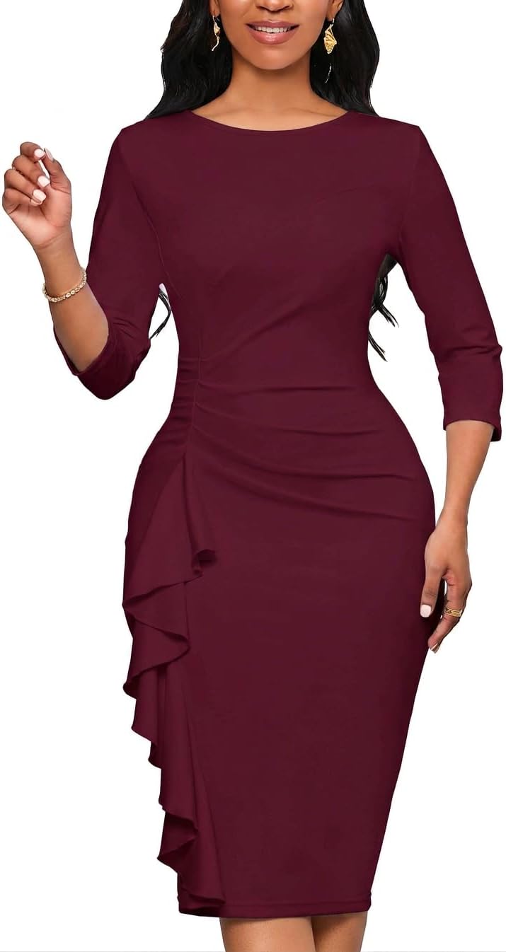 Church Dresses for Women 3\/4 Sleeve Ruffle Vintage Bodycon Cocktail Work Midi Pencil Dress