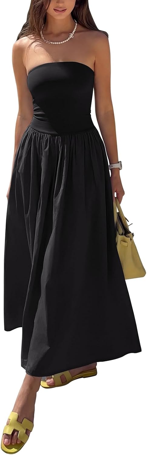 REORIA Women's Summer Tube Top Maxi Dress Sexy A Line Flowy Wedding Guest Long Dresses with Pockets