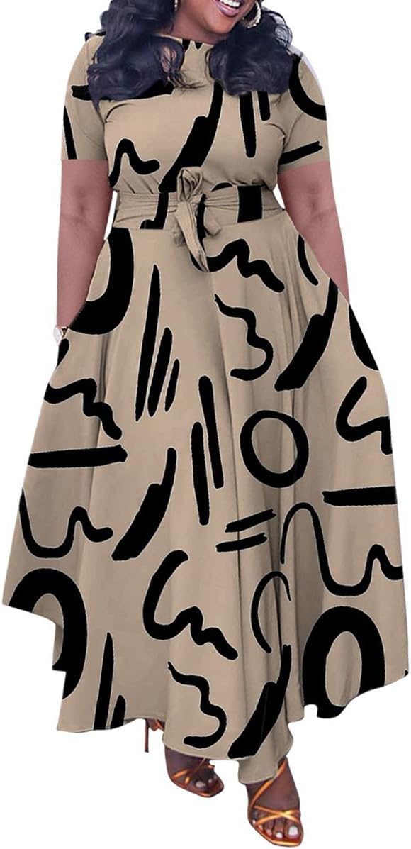 BFFBABY Plus Size Dress A Line Dresses for Women Summer Long Dresses with Sleeve Casual Belted