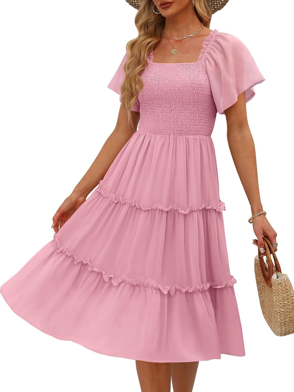 LILLUSORY Women Tiered Flutter Sleeve Square Neck Smocked Midi Dress | Beach Vacation Outfits, Boho Resort Wear, Spring & Summer Staple, Cottagecore Aesthetic Fashion