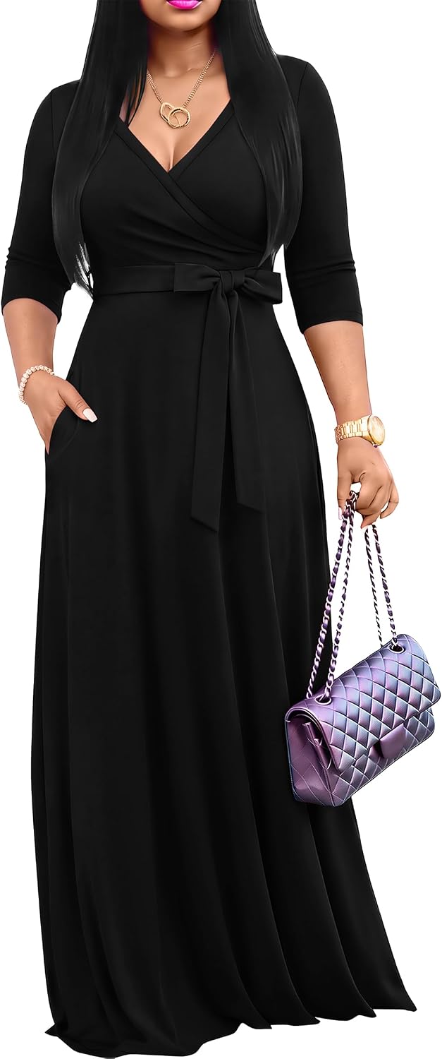 FANDEE Women's 2026 Maxi Dress - Solid Color Bohemian Summer Long Maxi Dress V-Neck 3\/4 Sleeve